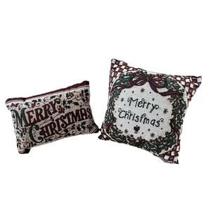 Vtg Merry Christmas Tapestry Pillow Throw Accent Set Of 2 Pillows 12” & 12x9
